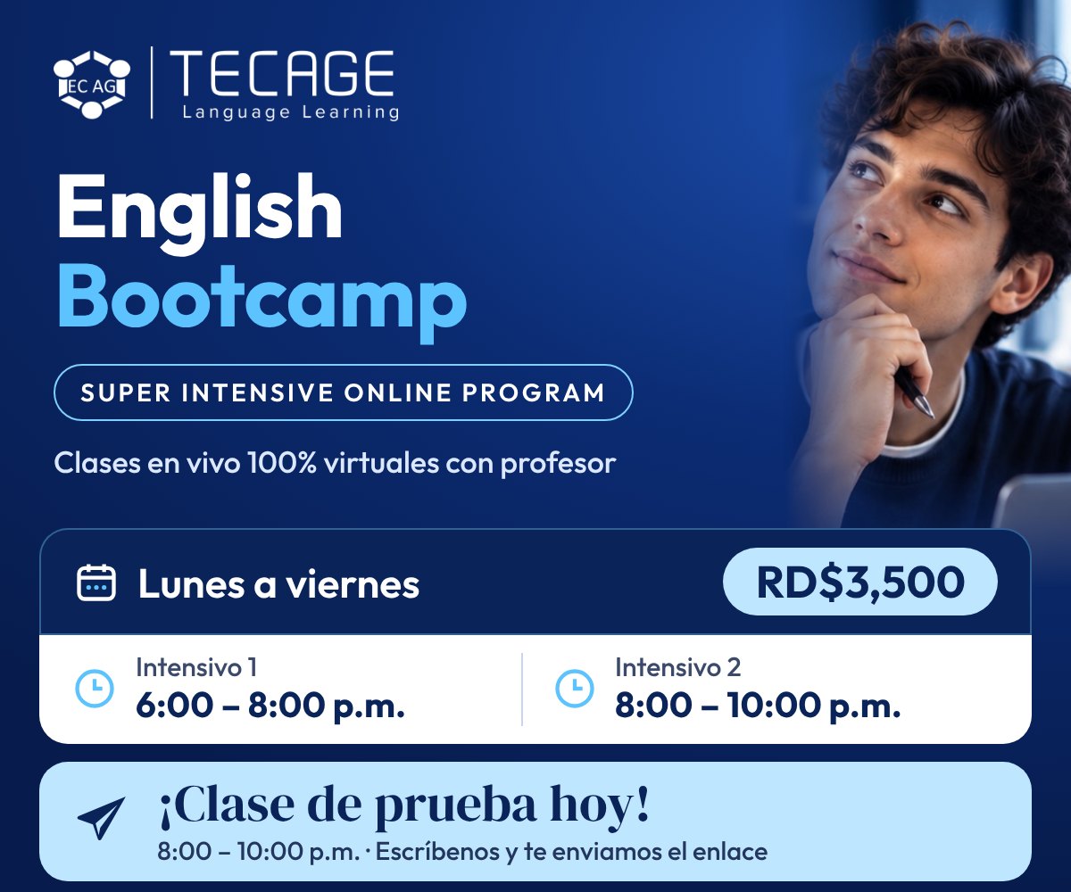 English Bootcamp de TECAGE: clases de inglés en vivo, lunes a viernes, RD$3,500
